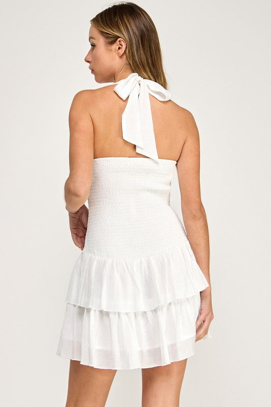 D5639-1 Lace-Up Halter Neck Tiered Mini Dress