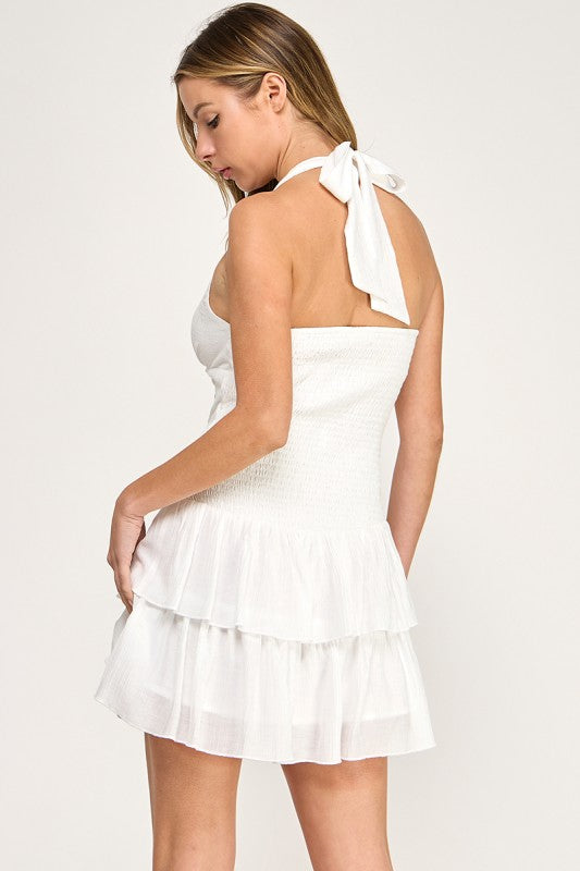 D5639-1 Lace-Up Halter Neck Tiered Mini Dress