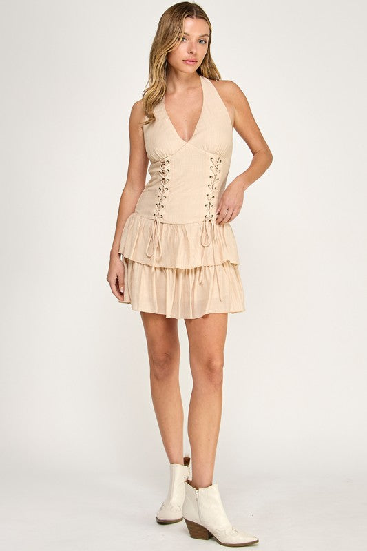 D5639-1 Lace-Up Halter Neck Tiered Mini Dress