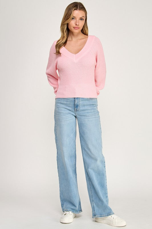 SW5619 V-Neck Ribbed Knit Long Sleeve Sweater