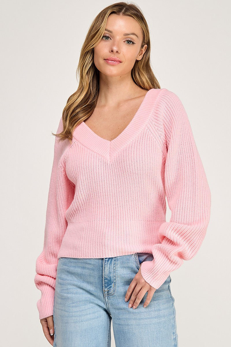 SW5619 V-Neck Ribbed Knit Long Sleeve Sweater
