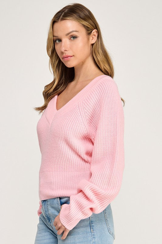 SW5619 V-Neck Ribbed Knit Long Sleeve Sweater