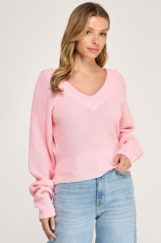 SW5619 V-Neck Ribbed Knit Long Sleeve Sweater