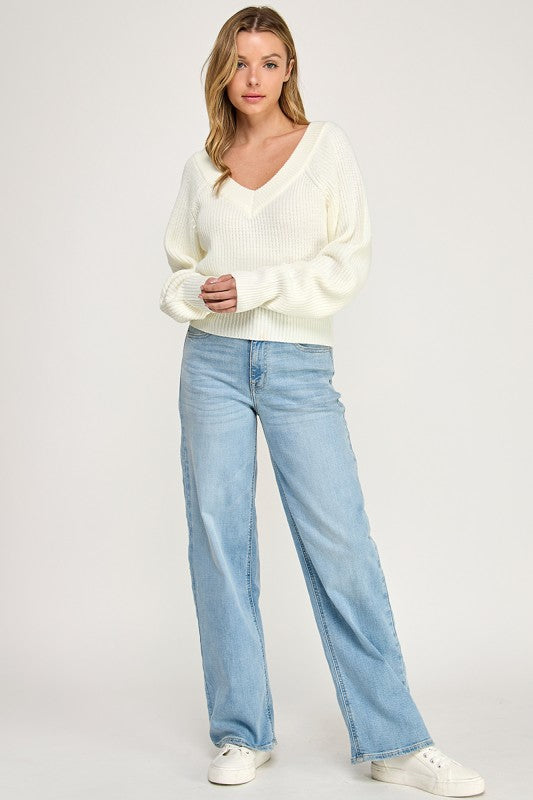 SW5619 V-Neck Ribbed Knit Long Sleeve Sweater