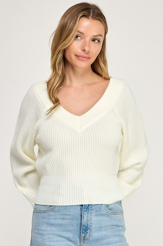 SW5619 V-Neck Ribbed Knit Long Sleeve Sweater