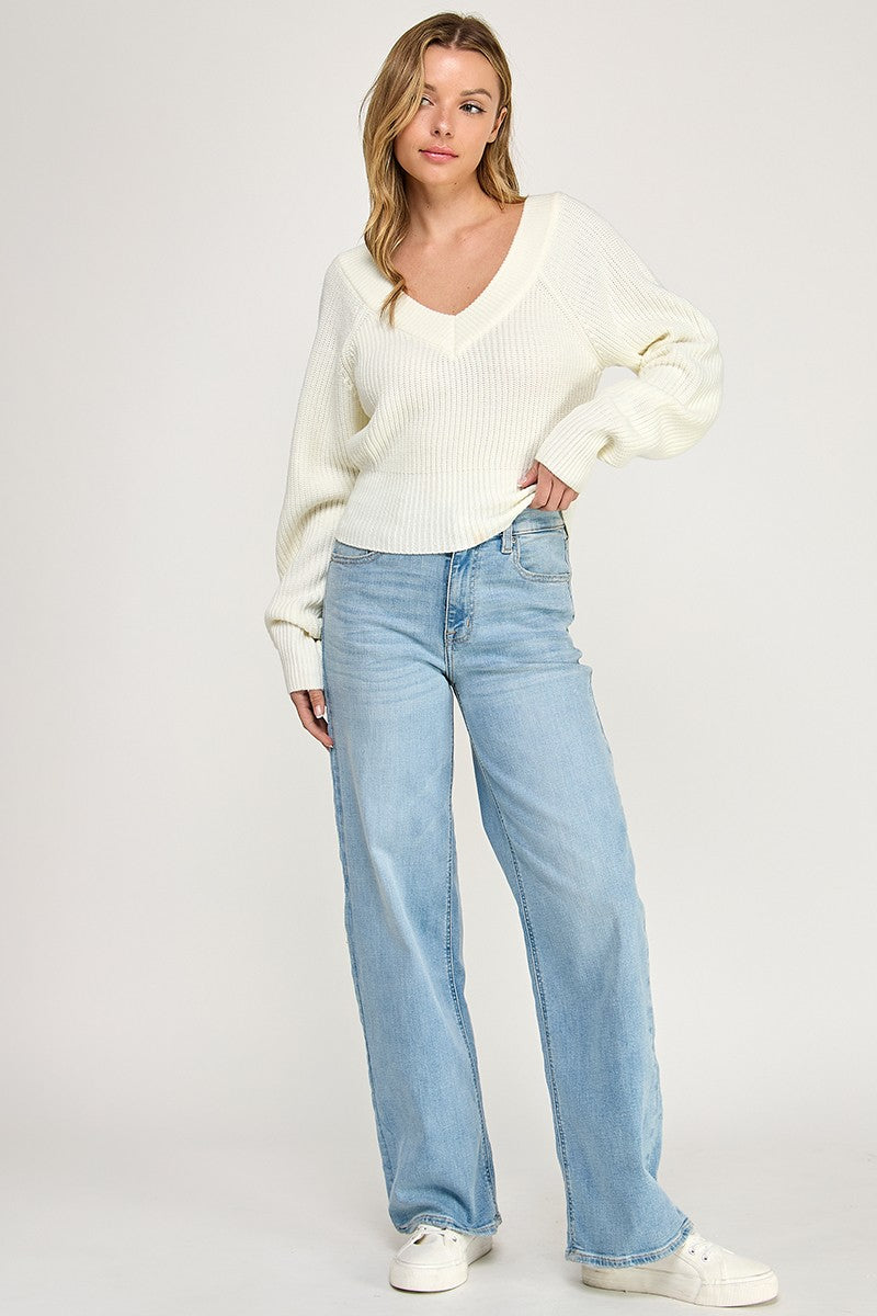 SW5619 V-Neck Ribbed Knit Long Sleeve Sweater