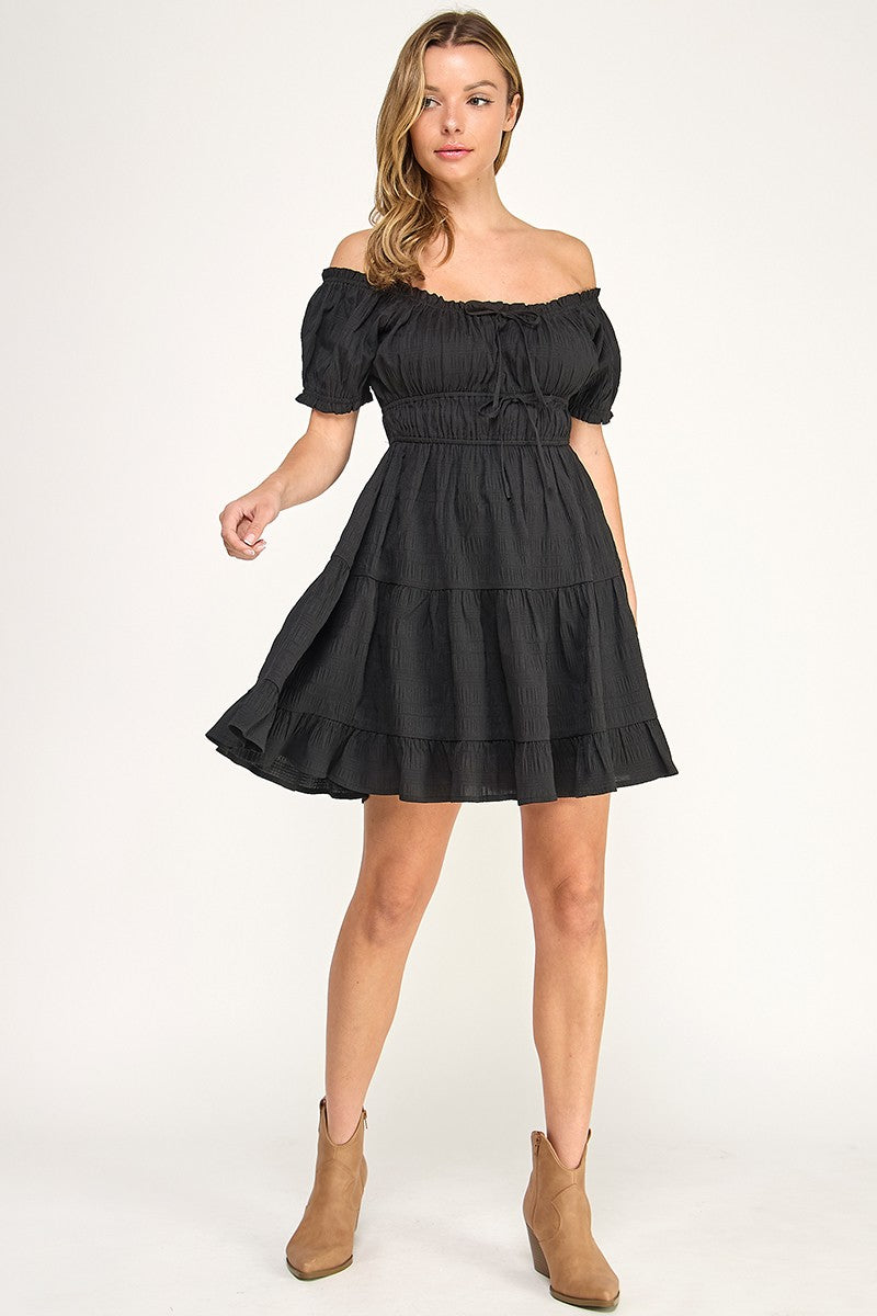 D5565S Off-Shoulder Tiered Mini Dress