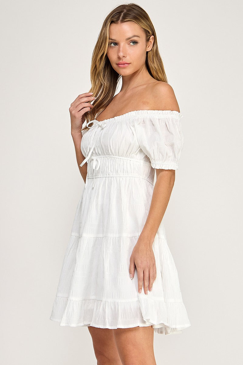D5565S Off-Shoulder Tiered Mini Dress