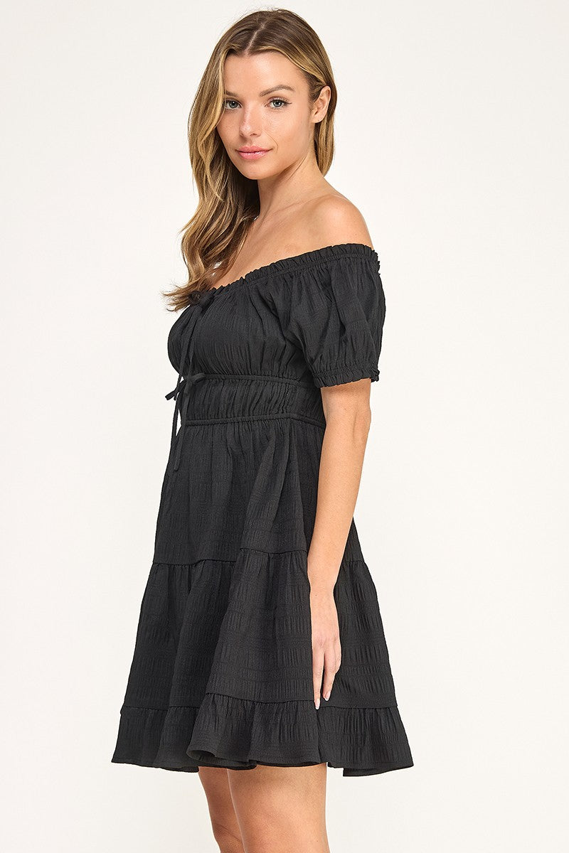 D5565S Off-Shoulder Tiered Mini Dress