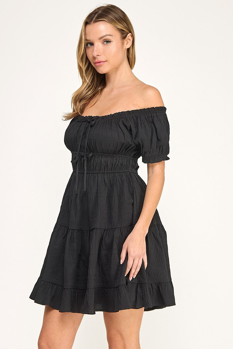 D5565S Off-Shoulder Tiered Mini Dress