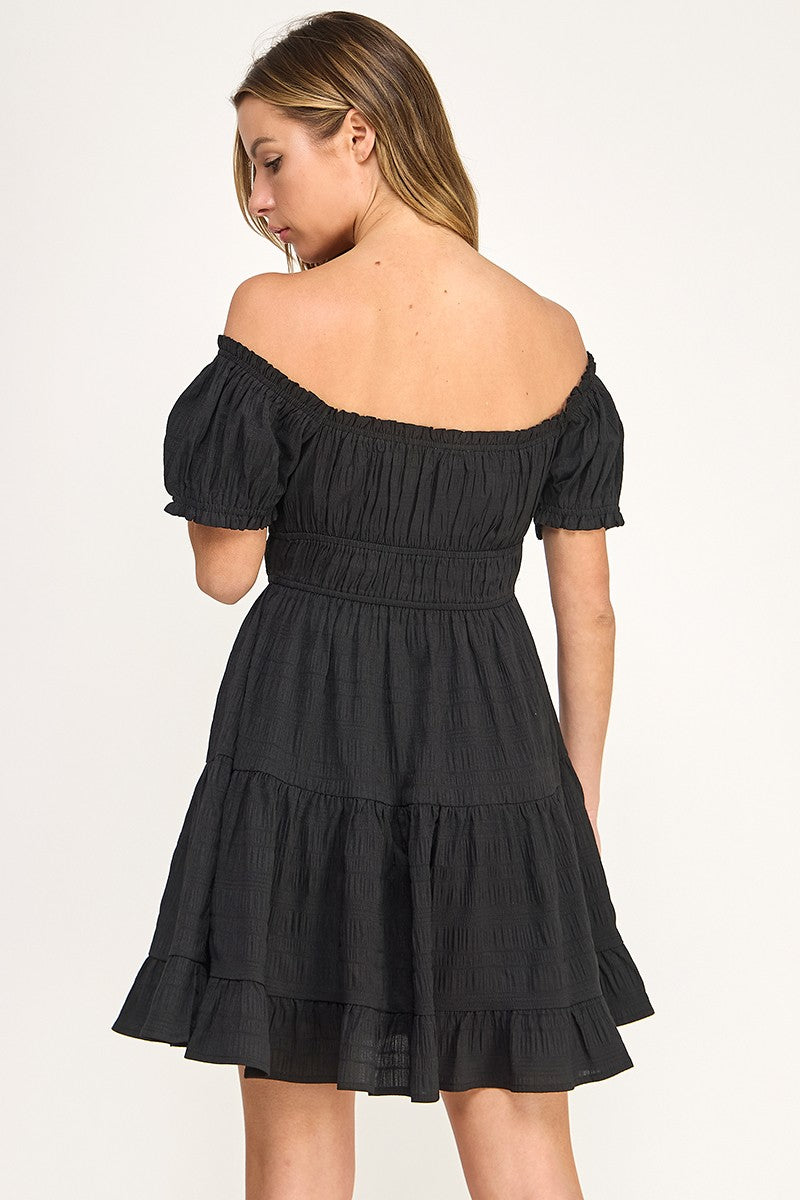 D5565S Off-Shoulder Tiered Mini Dress