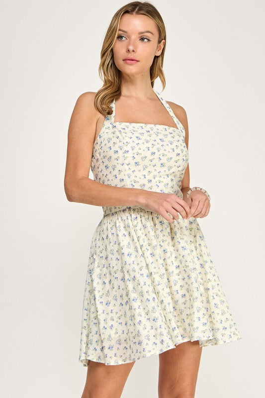D5536-2 Ditsy Floral Halter Mini Dress