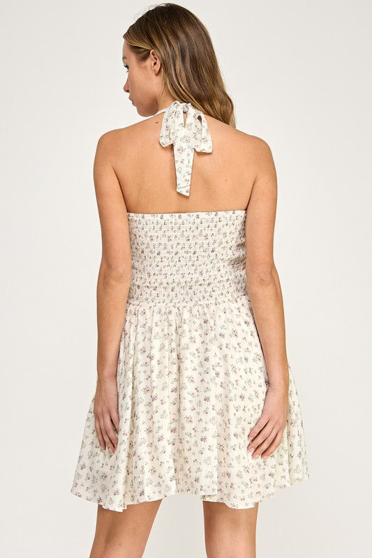D5536-2 Ditsy Floral Halter Mini Dress