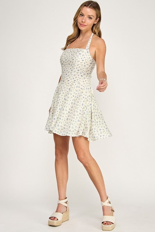D5536-2 Ditsy Floral Halter Mini Dress