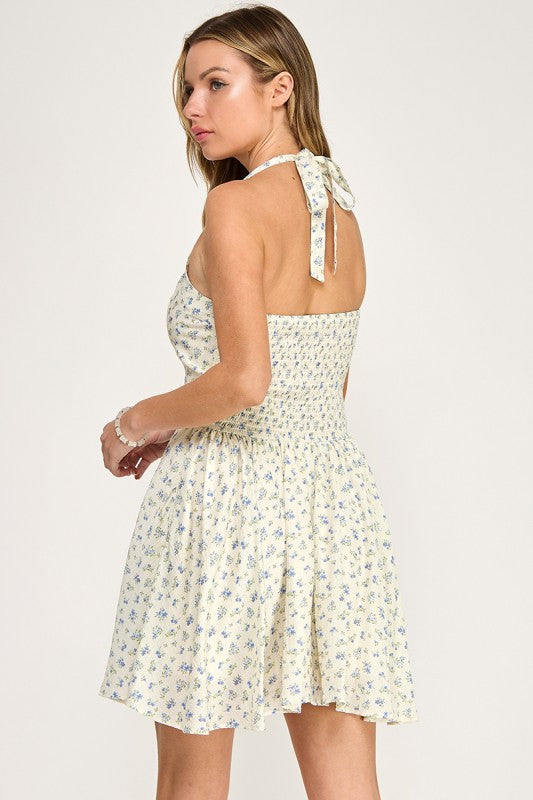 D5536-2 Ditsy Floral Halter Mini Dress