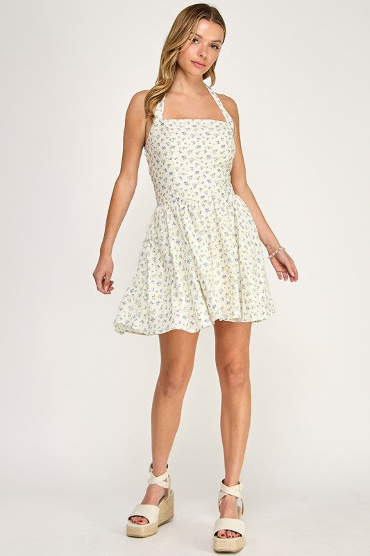 D5536-2 Ditsy Floral Halter Mini Dress