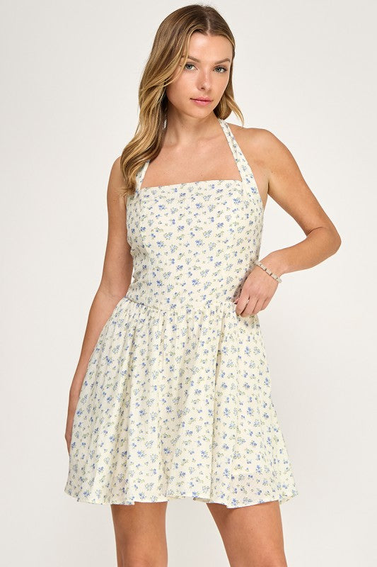 D5536-2 Ditsy Floral Halter Mini Dress