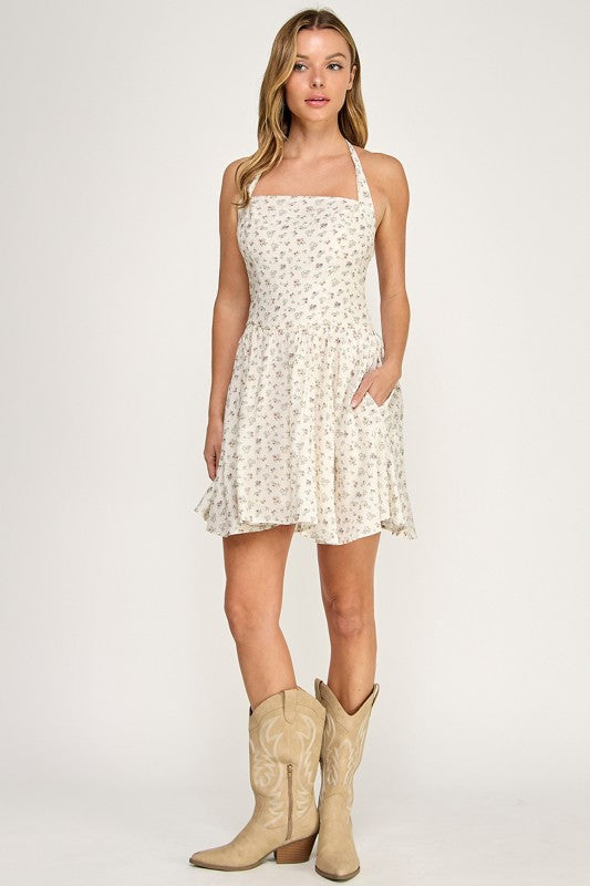 D5536-2 Ditsy Floral Halter Mini Dress