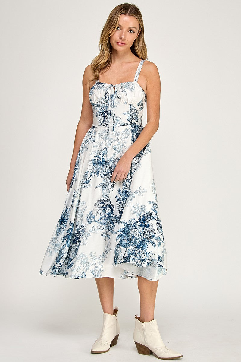 Woman wearing a floral dress on a white background
