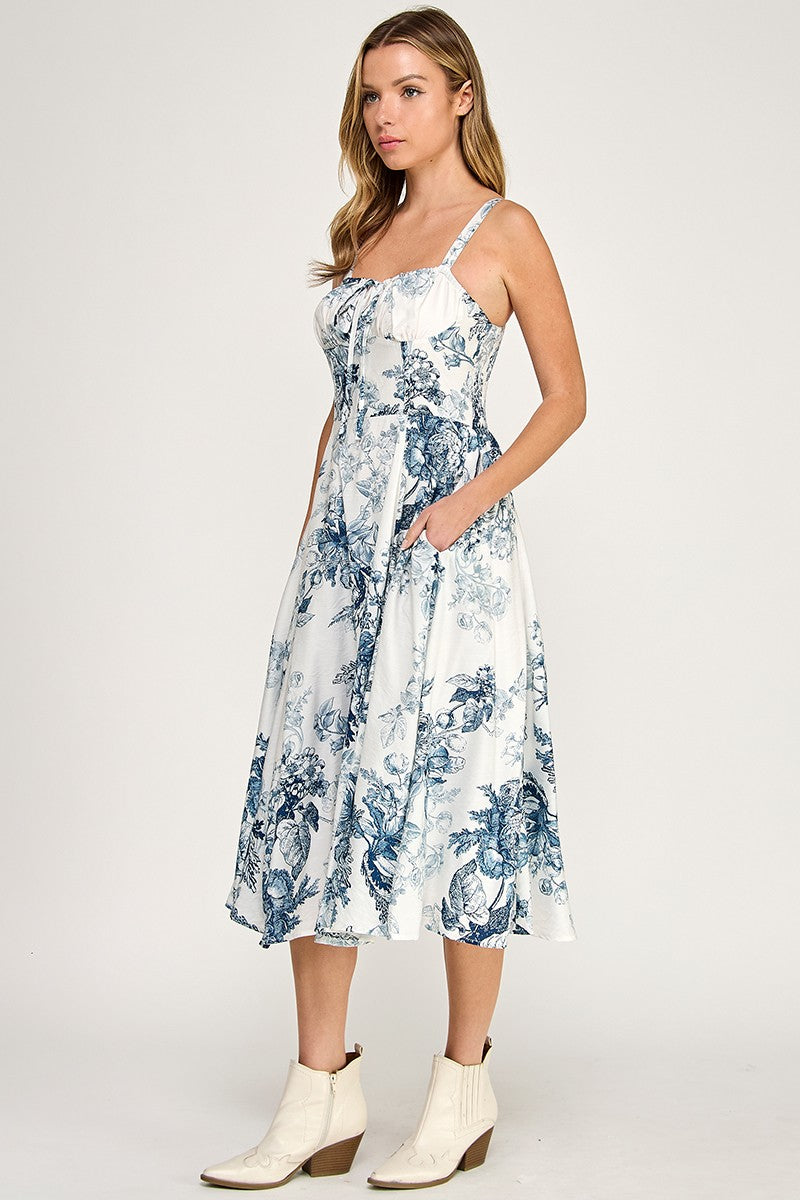 Woman wearing a floral dress on a white background
