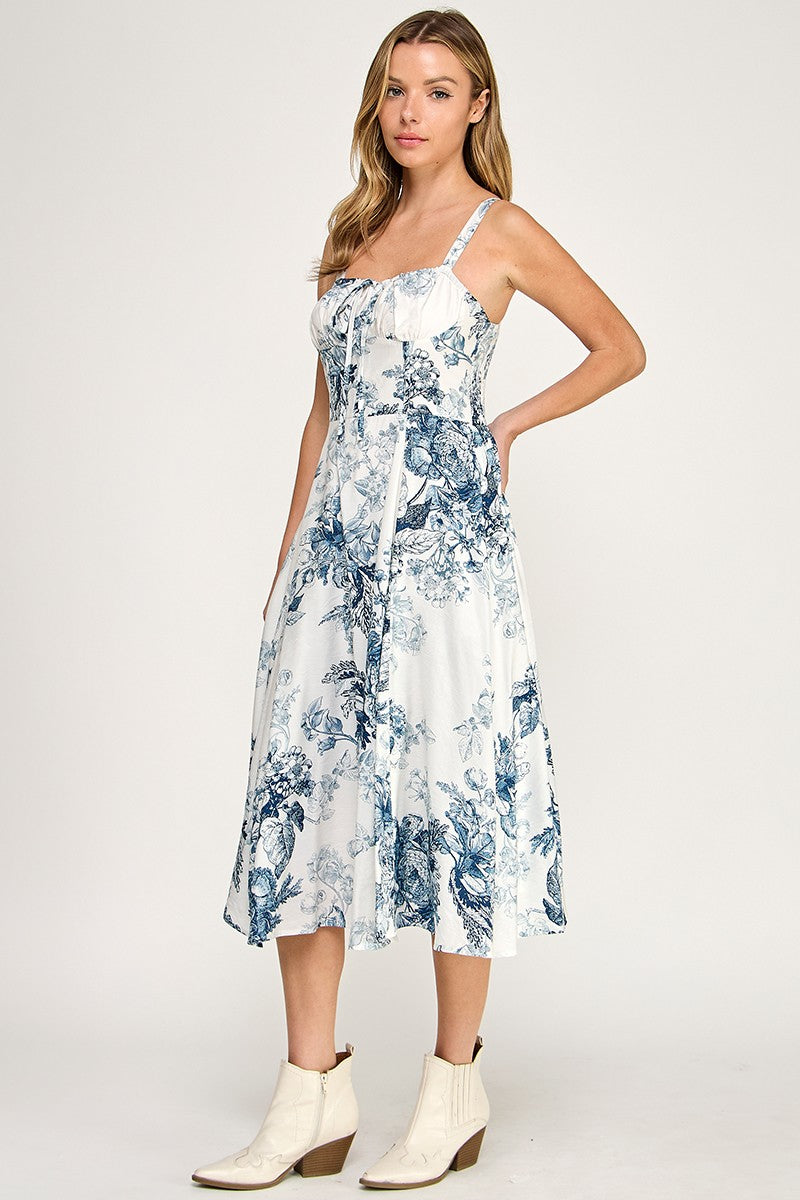 Woman wearing a floral dress on a white background