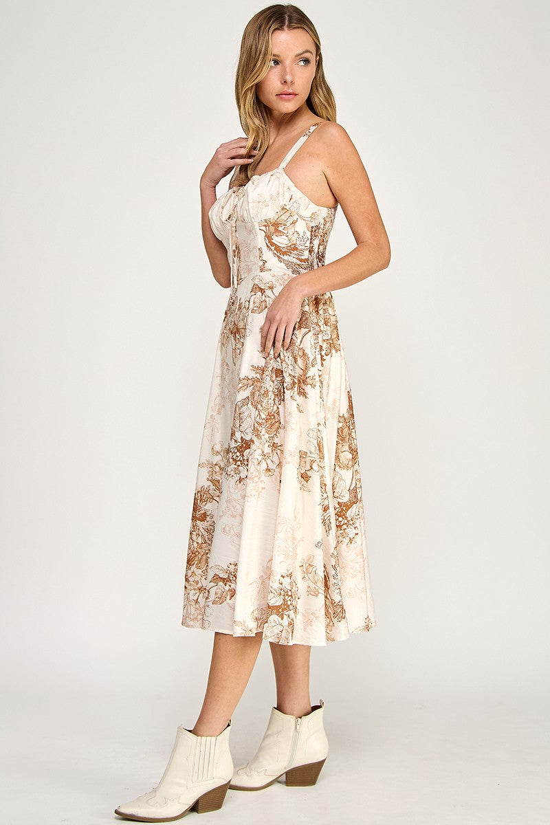 Woman wearing a floral dress on a white background