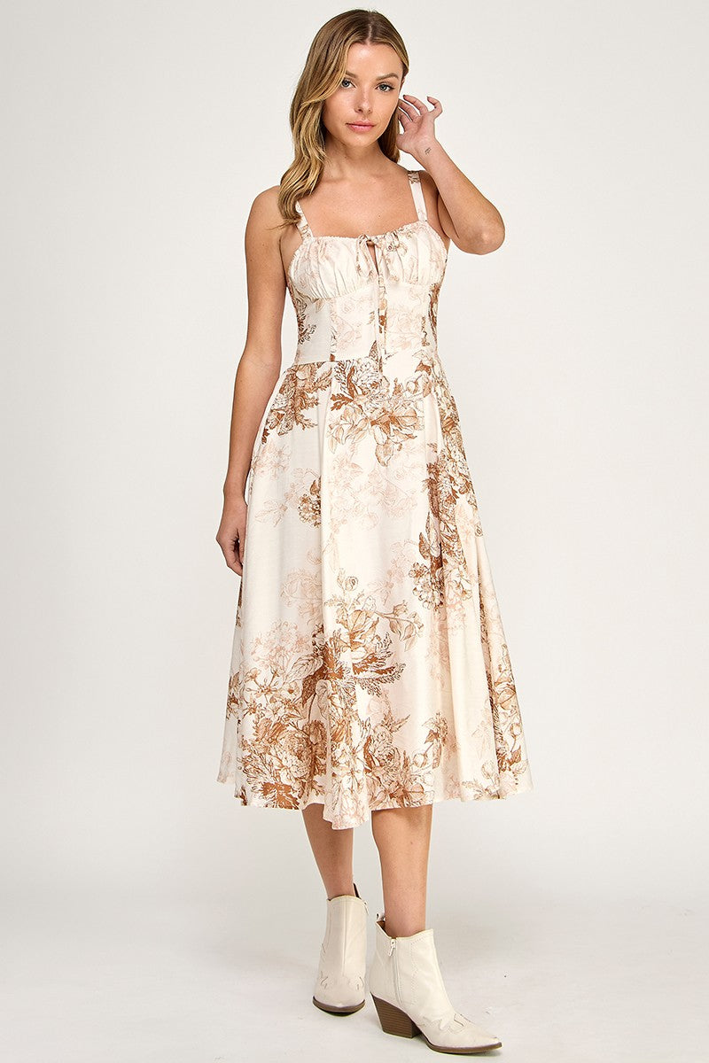 Woman wearing a floral dress on a white background