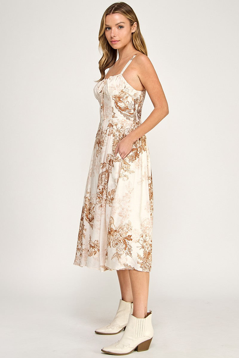 Woman wearing a floral dress on a white background