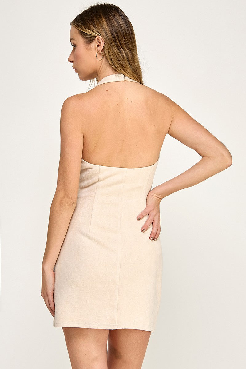 D5680 Halter Neck Suede Mini Dress