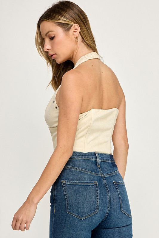 T5678 Front zipper Suede Halter Corset Crop Top