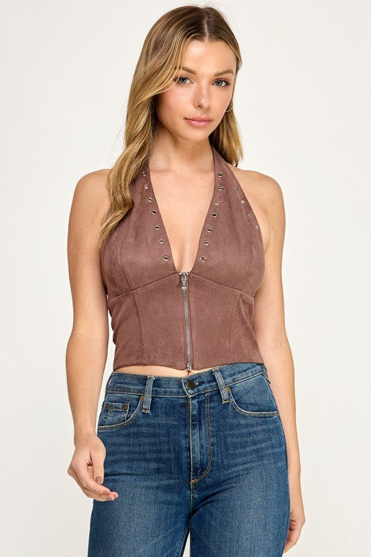 T5678 Front zipper Suede Halter Corset Crop Top