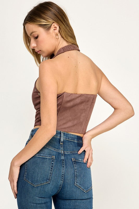 T5678 Front zipper Suede Halter Corset Crop Top