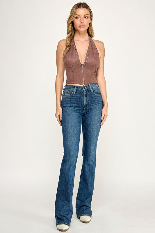 T5678 Front zipper Suede Halter Corset Crop Top