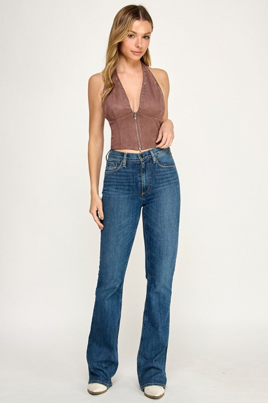 T5678 Front zipper Suede Halter Corset Crop Top