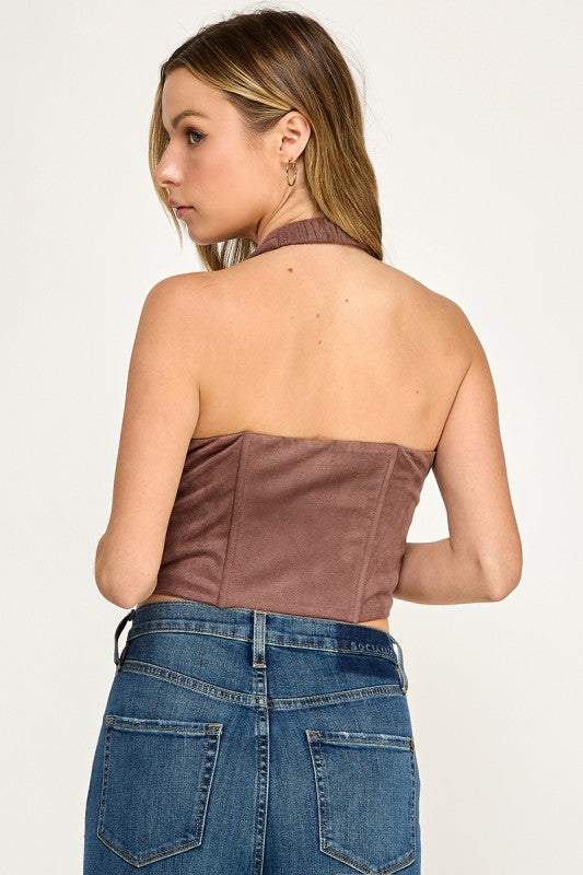 T5678 Front zipper Suede Halter Corset Crop Top