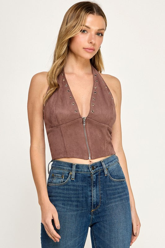 T5678 Front zipper Suede Halter Corset Crop Top