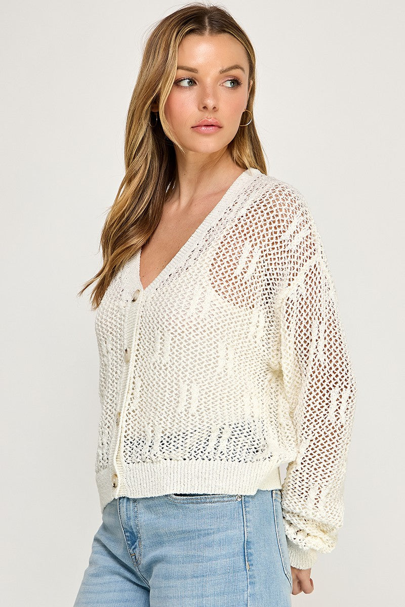 SW5690 V-neckline Button-front Long Sleeves Open-knit Cardigan
