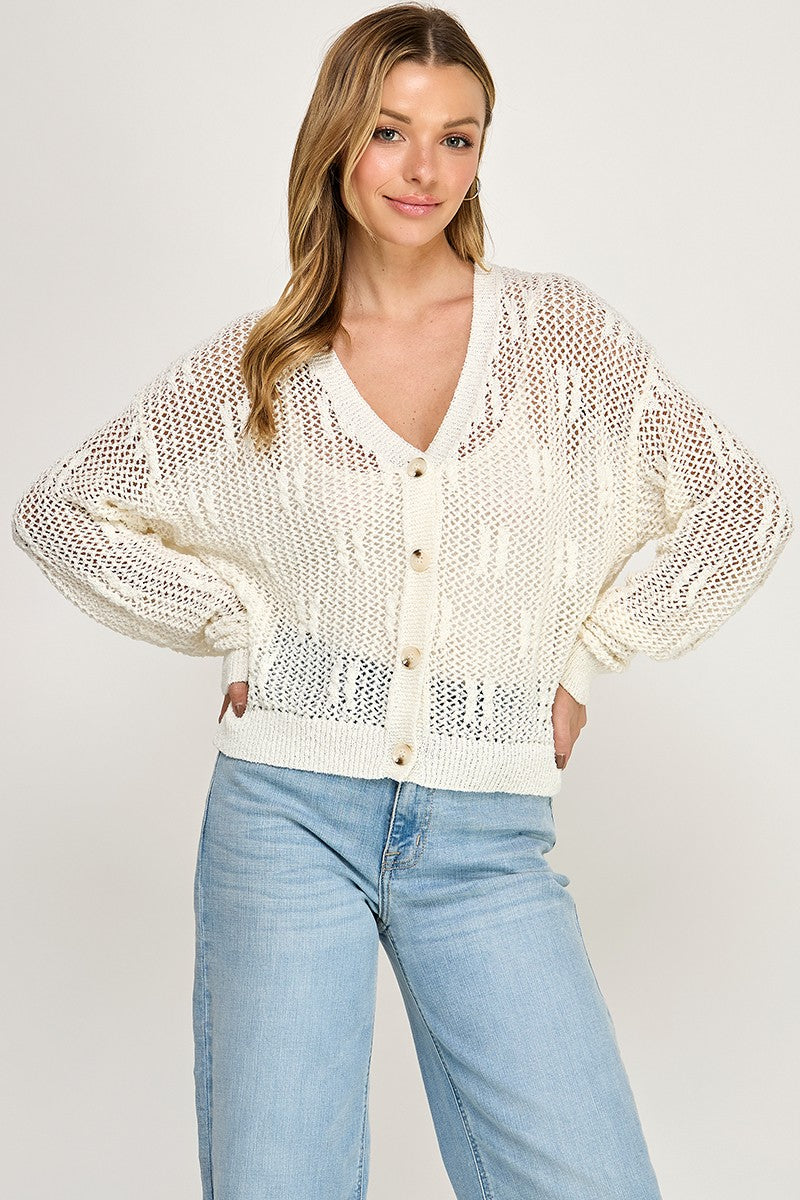 SW5690 V-neckline Button-front Long Sleeves Open-knit Cardigan