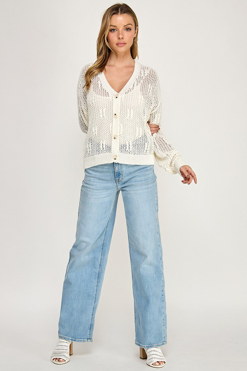 SW5690 V-neckline Button-front Long Sleeves Open-knit Cardigan