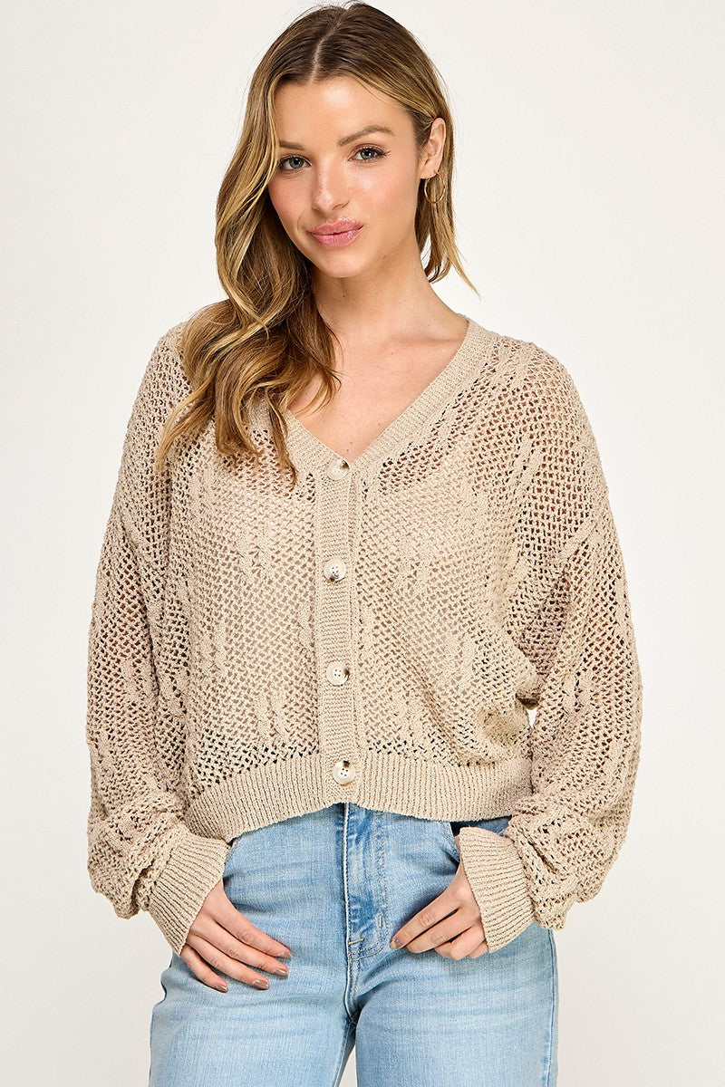 SW5690 V-neckline Button-front Long Sleeves Open-knit Cardigan