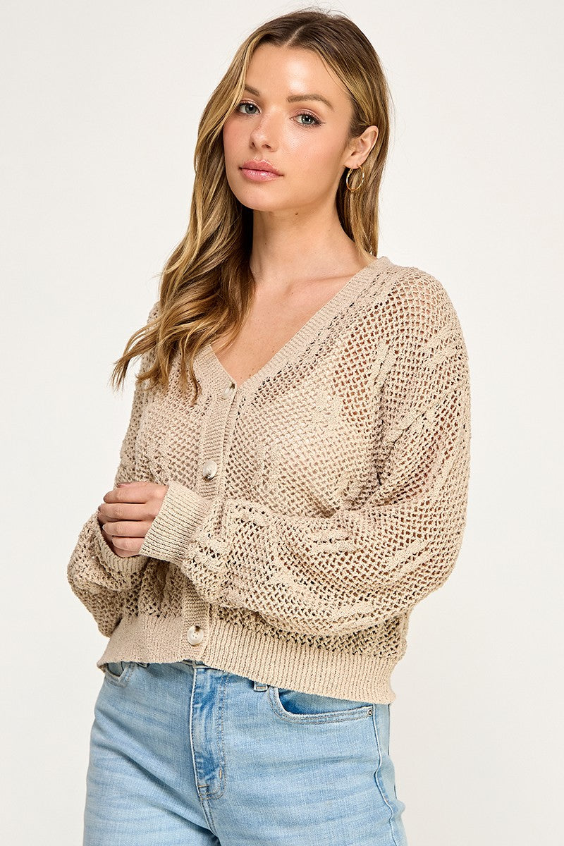 SW5690 V-neckline Button-front Long Sleeves Open-knit Cardigan