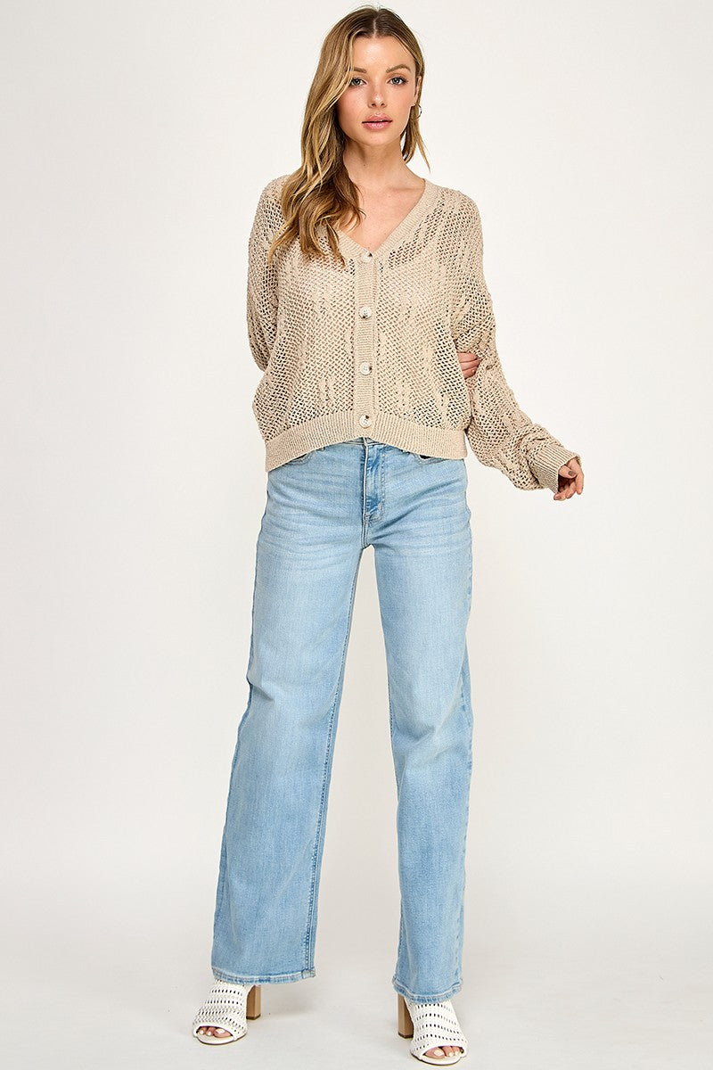 SW5690 V-neckline Button-front Long Sleeves Open-knit Cardigan