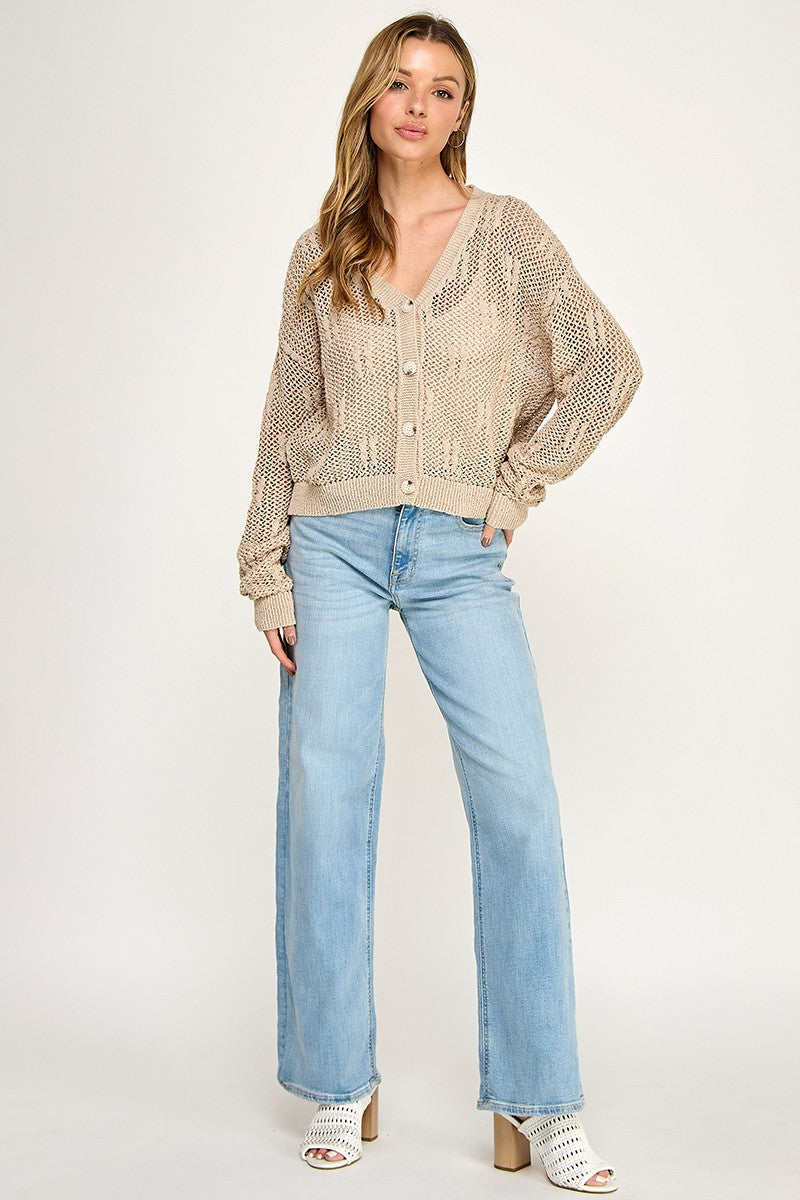 SW5690 V-neckline Button-front Long Sleeves Open-knit Cardigan