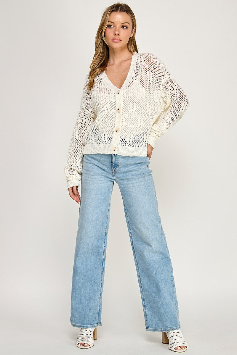 SW5690 V-neckline Button-front Long Sleeves Open-knit Cardigan