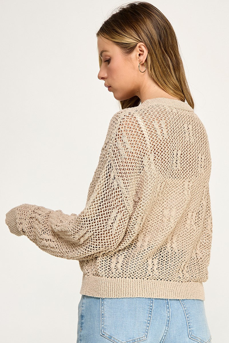 SW5690 V-neckline Button-front Long Sleeves Open-knit Cardigan