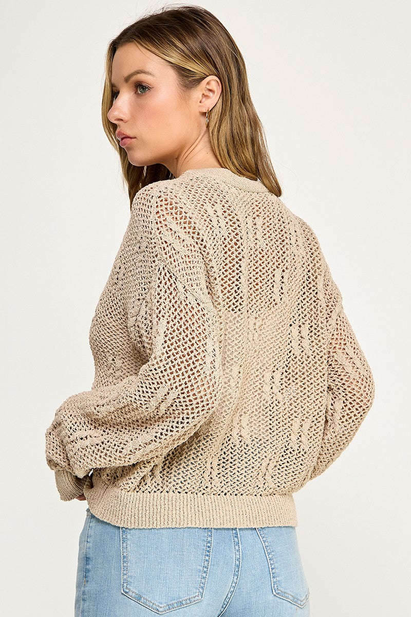 SW5690 V-neckline Button-front Long Sleeves Open-knit Cardigan