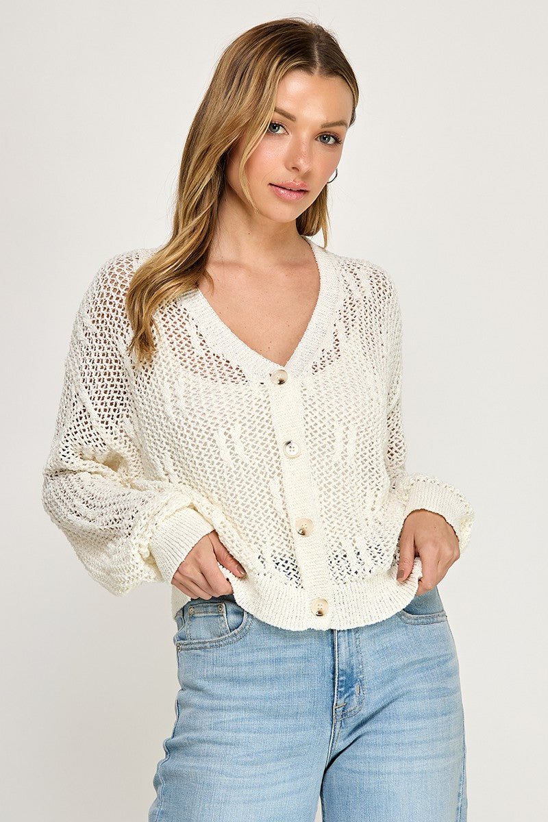 SW5690 V-neckline Button-front Long Sleeves Open-knit Cardigan