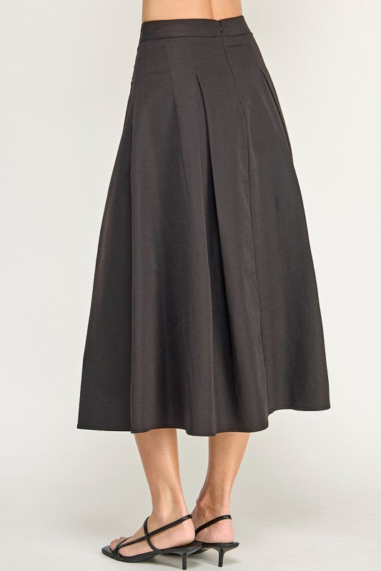 S5677 High Rise Waistband Front Pleats A line Midi Skirt