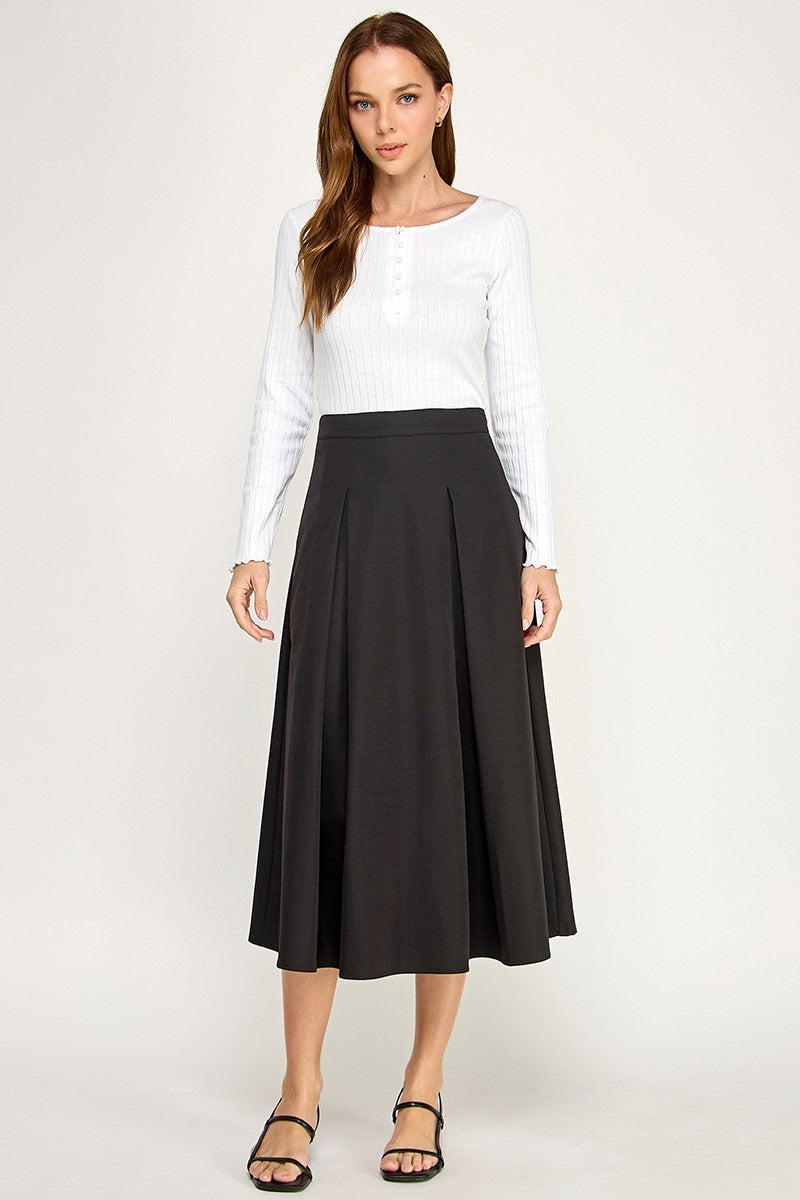 S5677 High Rise Waistband Front Pleats A line Midi Skirt