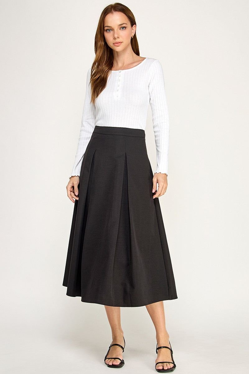 S5677 High Rise Waistband Front Pleats A line Midi Skirt